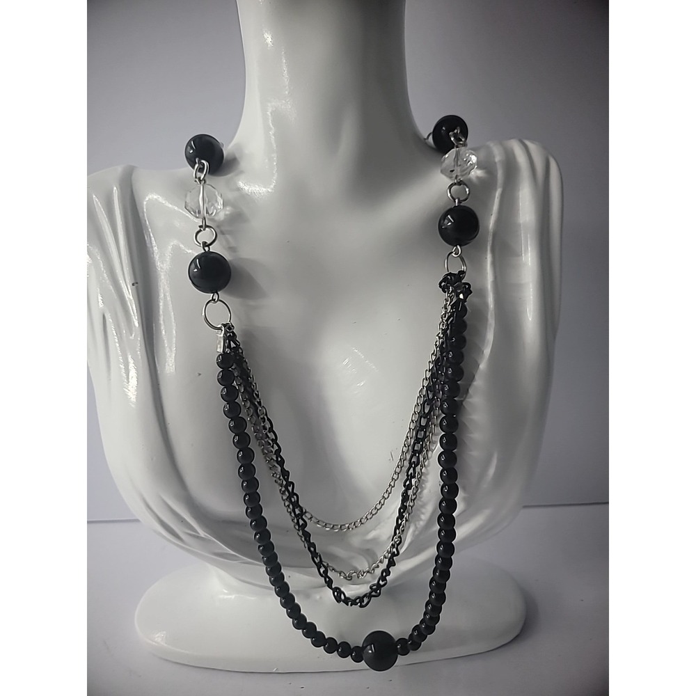 Vintage Necklace Multi Strand Silver Tone Beaded‎ Black Jewelry Costume